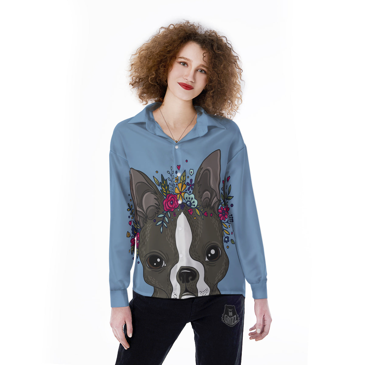 Flower Boston Terrier Cartoon Print Women's Long Sleeve Shirts-grizzshop