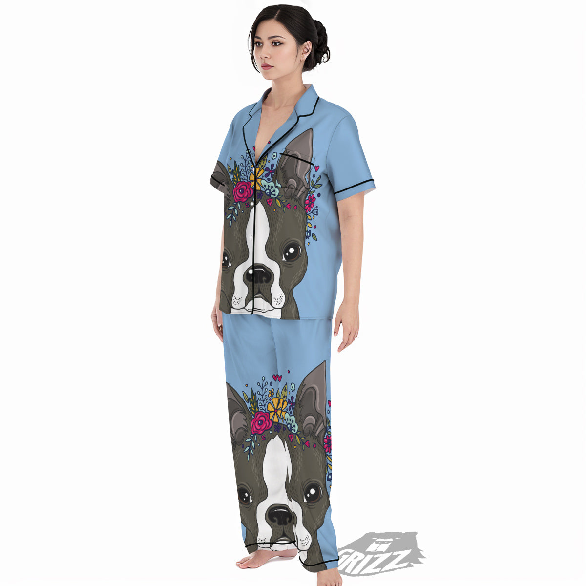 Flower Boston Terrier Cartoon Print Women's Pajamas Set-grizzshop