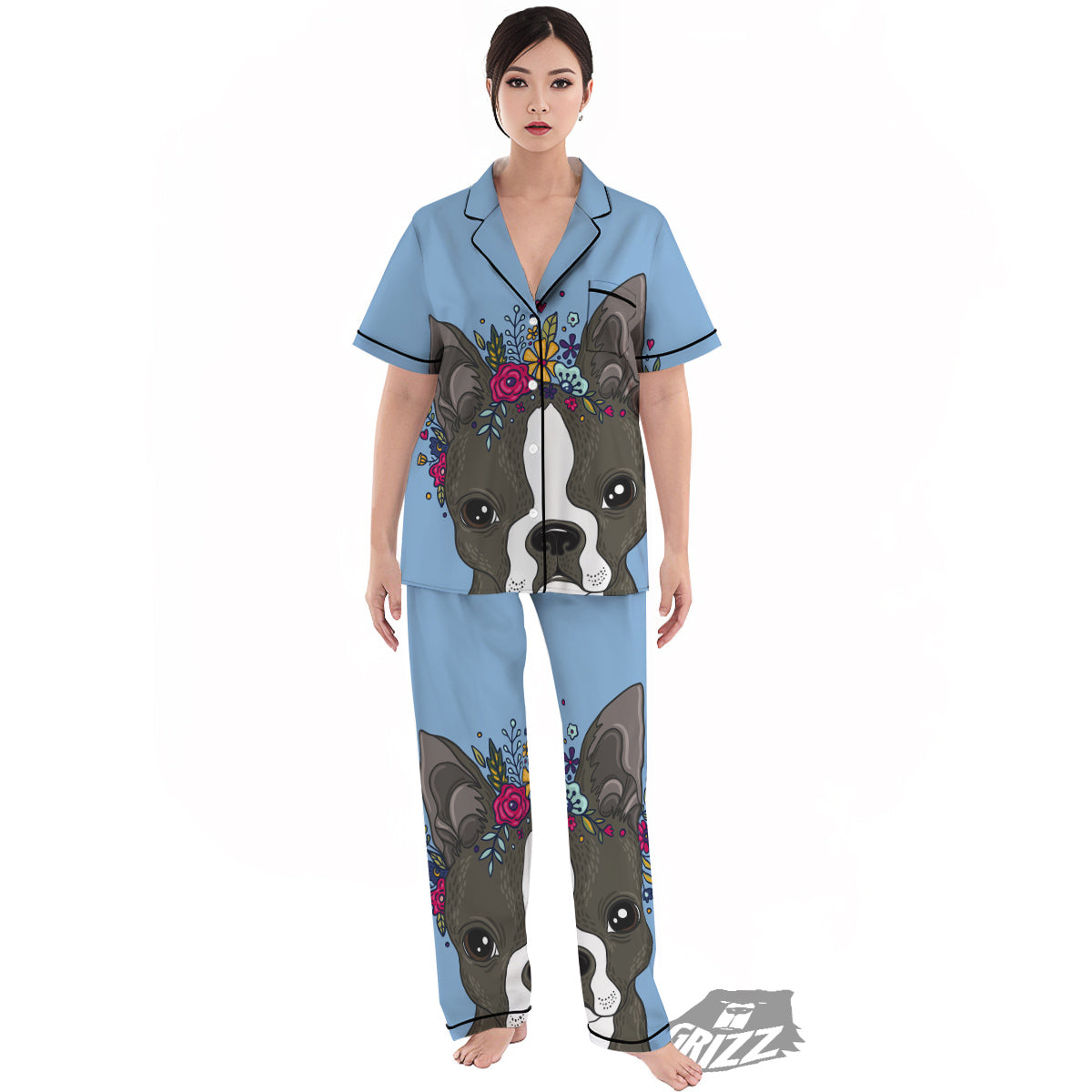 Flower Boston Terrier Cartoon Print Women's Pajamas Set-grizzshop