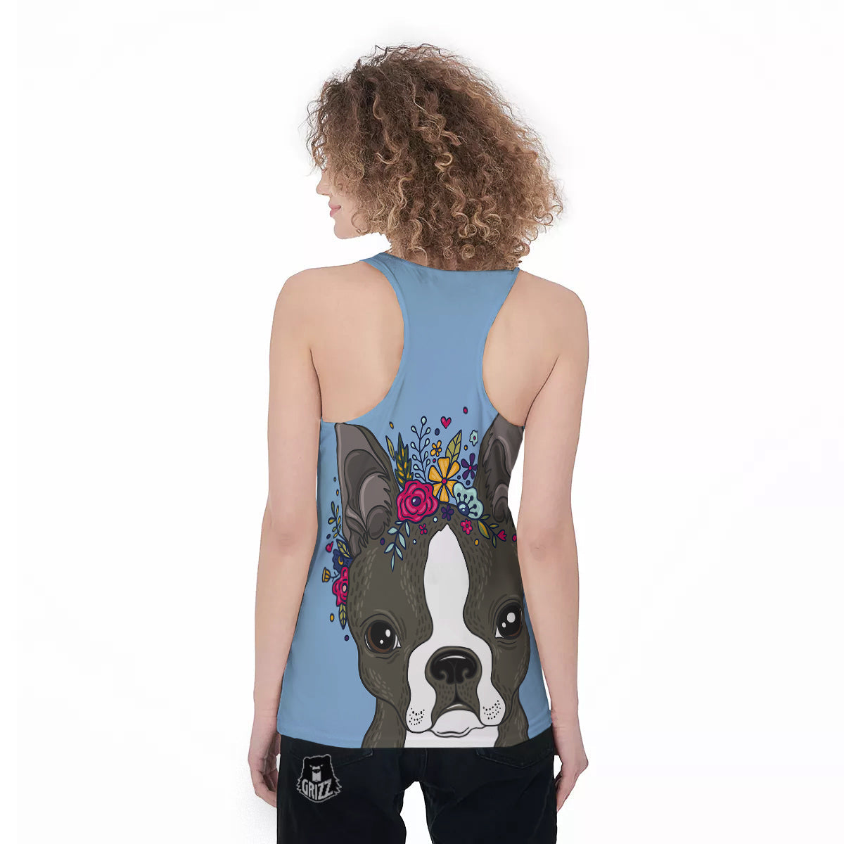 Flower Boston Terrier Cartoon Print Women's Racerback Tank Top-grizzshop