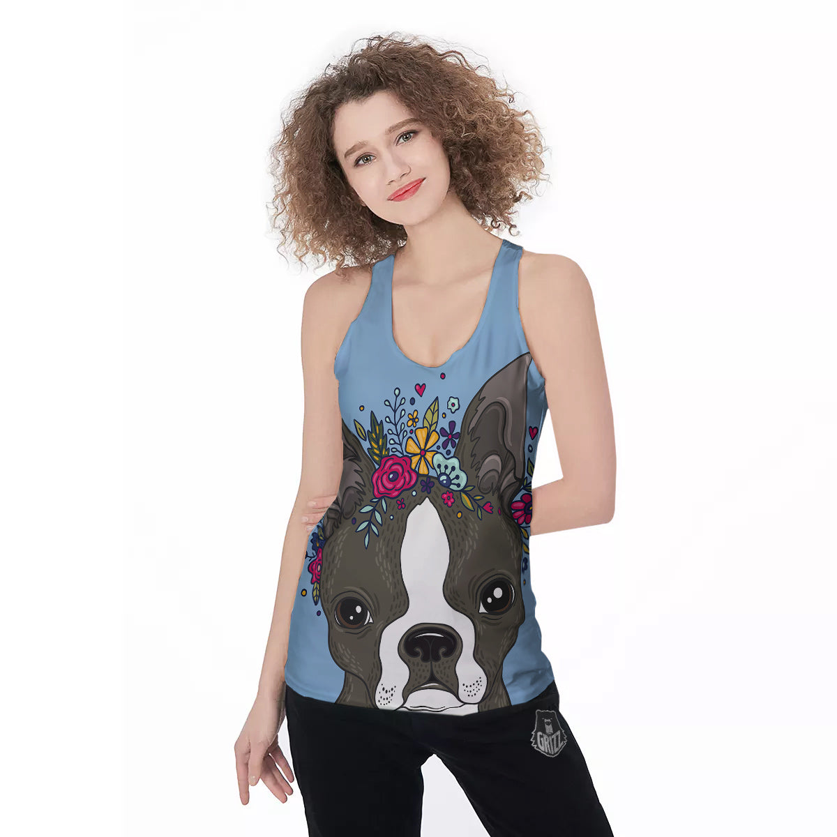 Flower Boston Terrier Cartoon Print Women's Racerback Tank Top-grizzshop