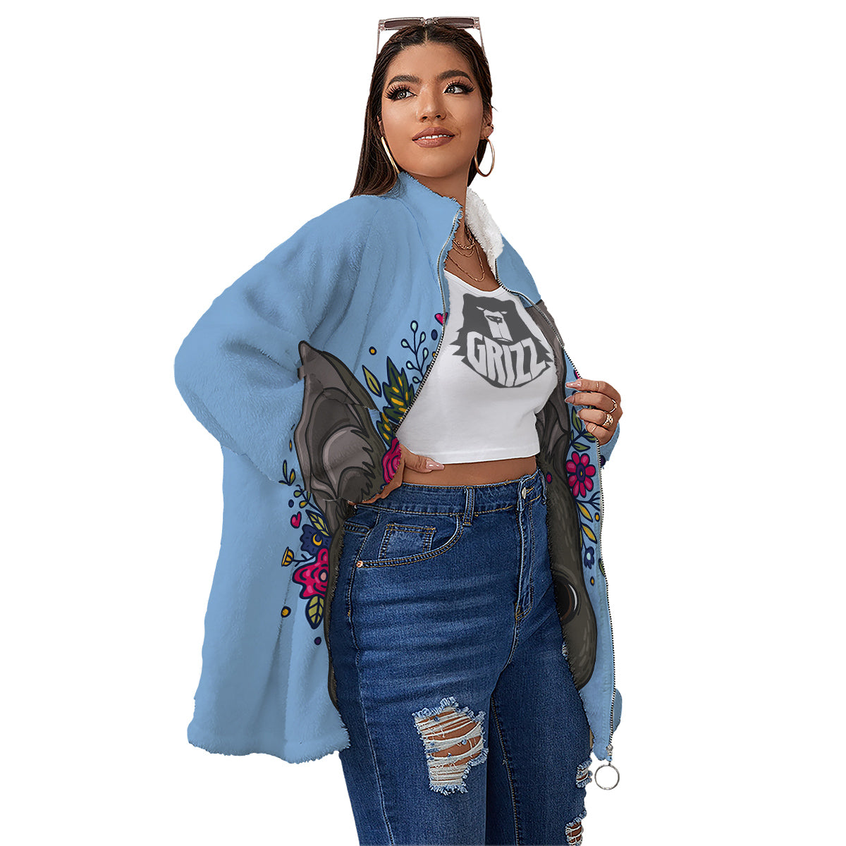 Flower Boston Terrier Cartoon Print Women's Sherpa Jacket-grizzshop