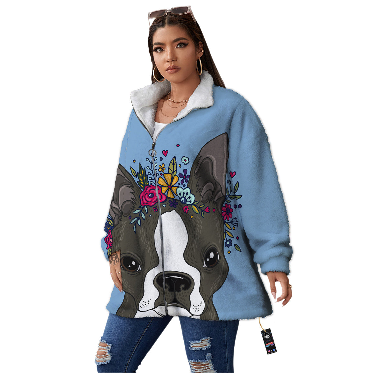 Flower Boston Terrier Cartoon Print Women's Sherpa Jacket-grizzshop