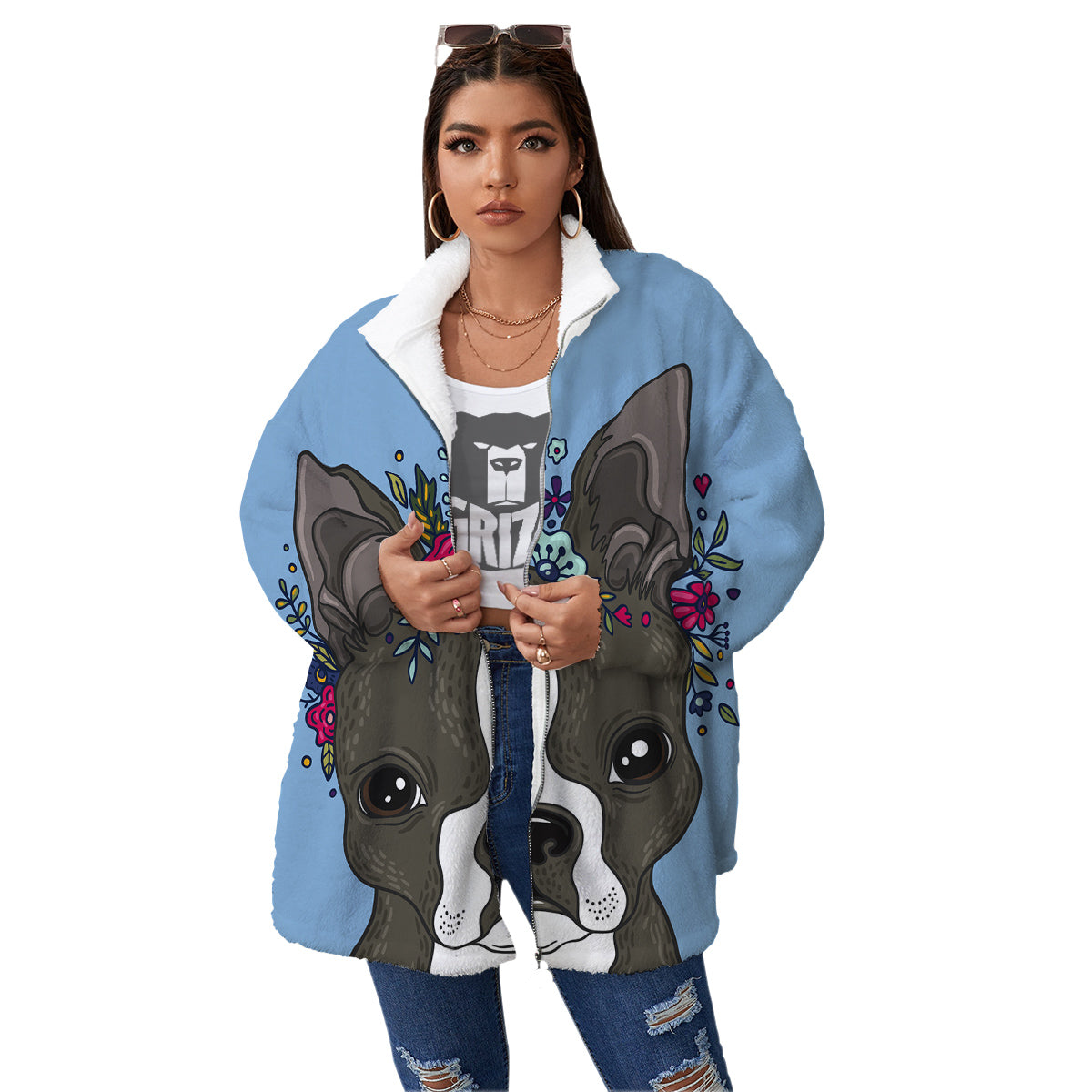 Flower Boston Terrier Cartoon Print Women's Sherpa Jacket-grizzshop