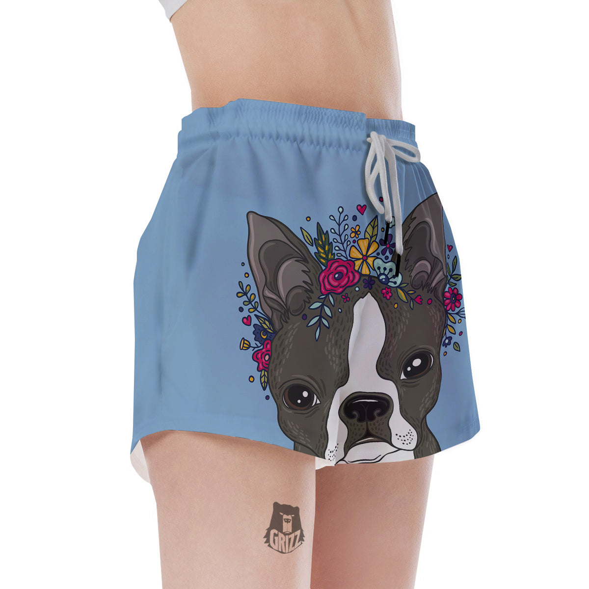 Flower Boston Terrier Cartoon Print Women's Shorts-grizzshop