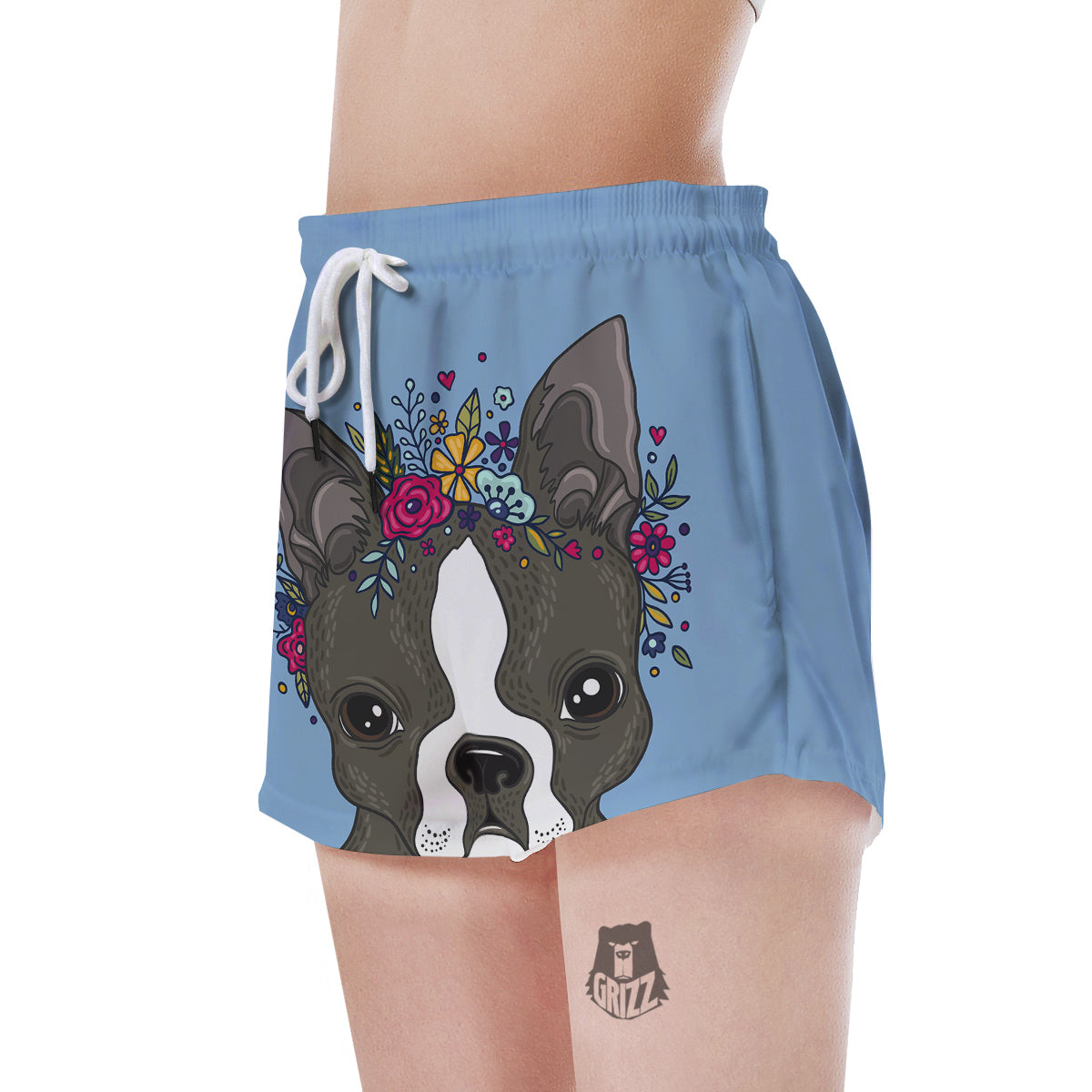 Flower Boston Terrier Cartoon Print Women's Shorts-grizzshop