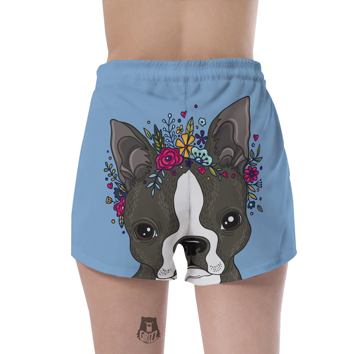 Flower Boston Terrier Cartoon Print Women's Shorts-grizzshop