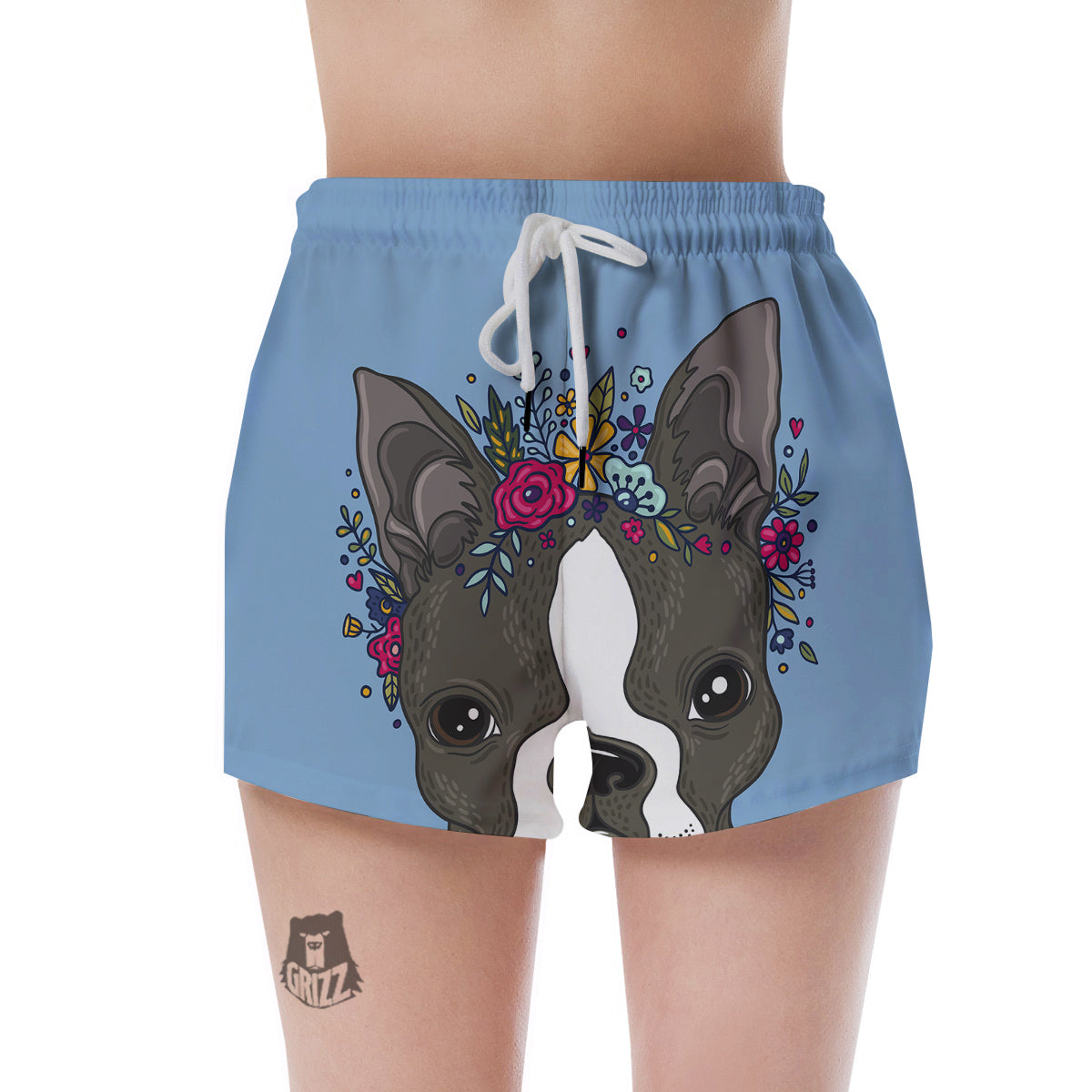 Flower Boston Terrier Cartoon Print Women's Shorts-grizzshop
