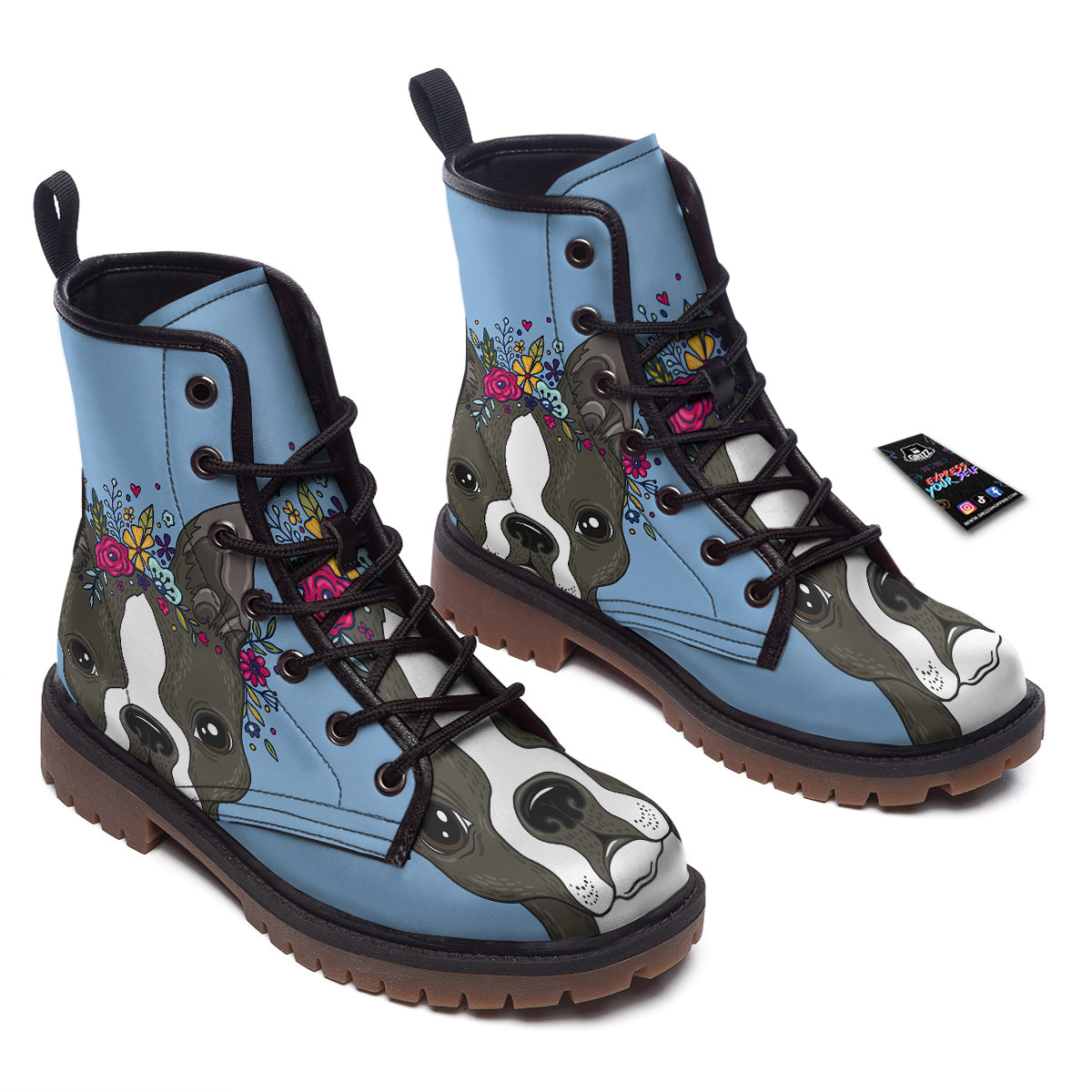 Flower Boston Terrier Cartoon Print Work Boots-grizzshop
