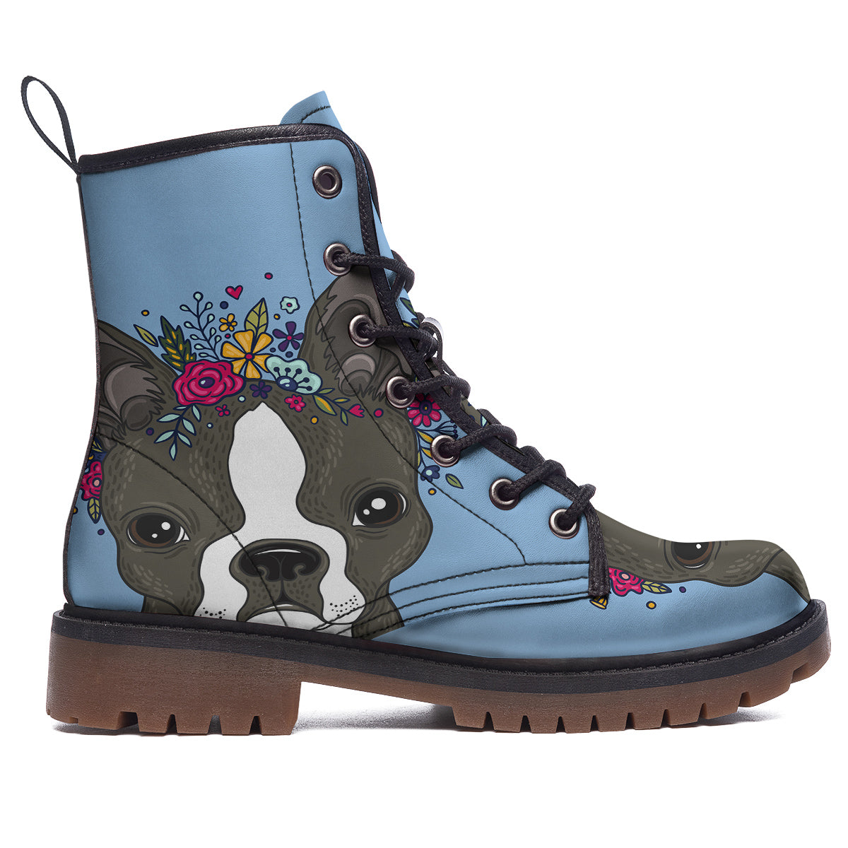Flower Boston Terrier Cartoon Print Work Boots-grizzshop