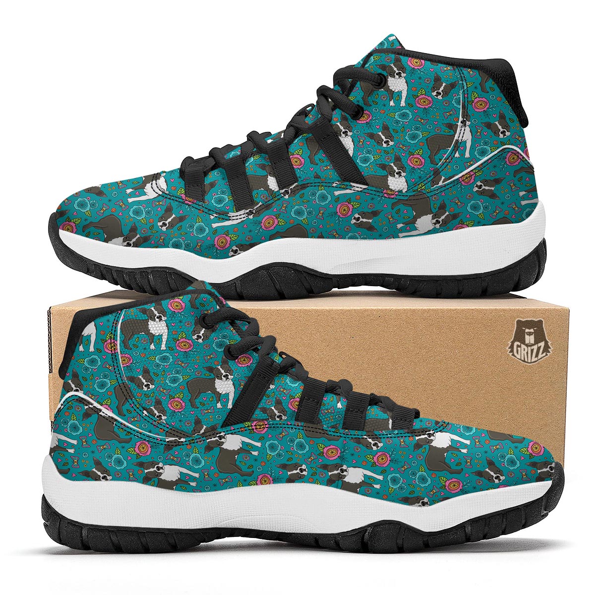 Flower Boston Terrier Pattern Print Black Bball Shoes-grizzshop