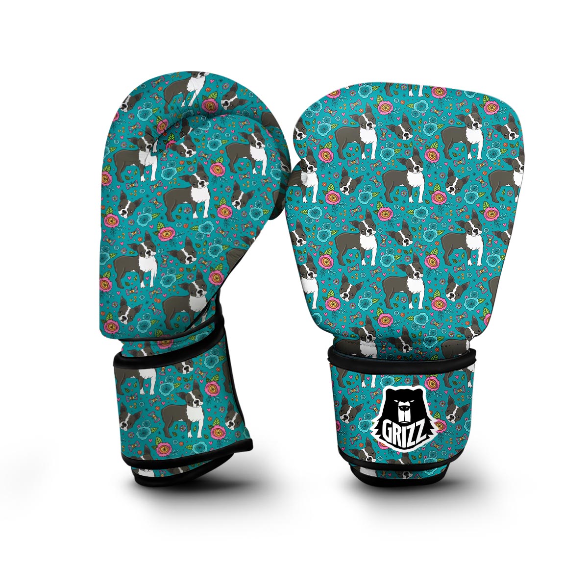 Flower Boston Terrier Pattern Print Boxing Gloves-grizzshop