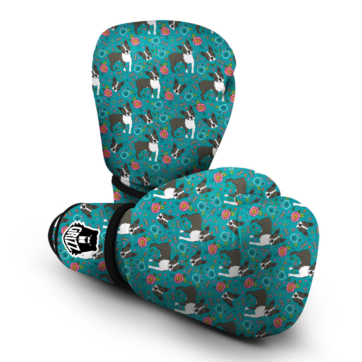 Flower Boston Terrier Pattern Print Boxing Gloves-grizzshop