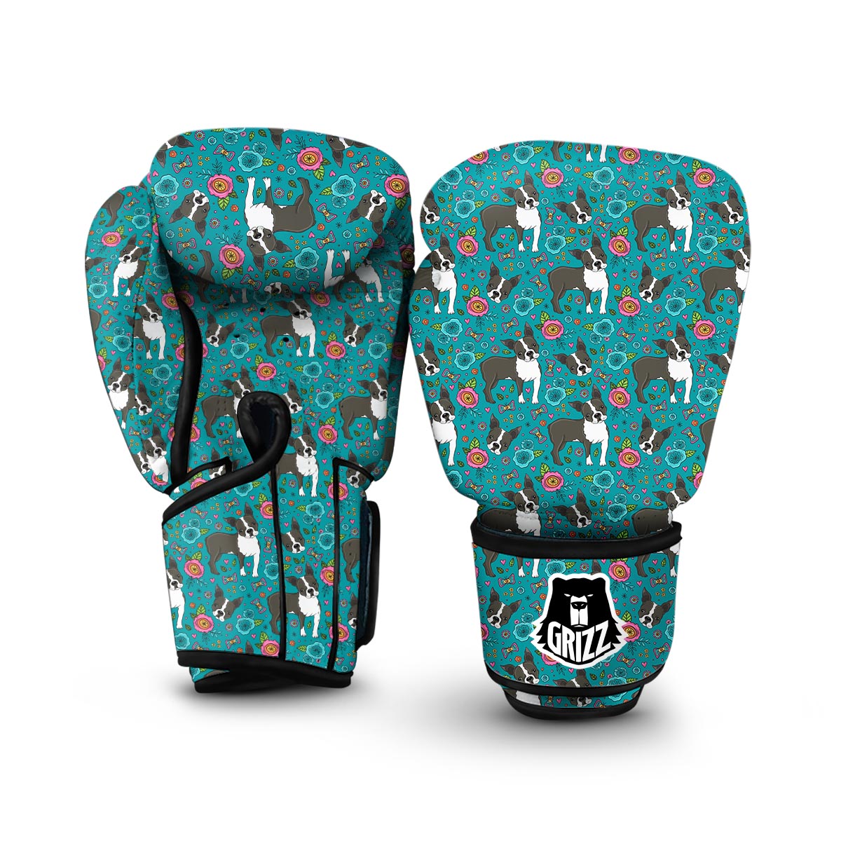 Flower Boston Terrier Pattern Print Boxing Gloves-grizzshop