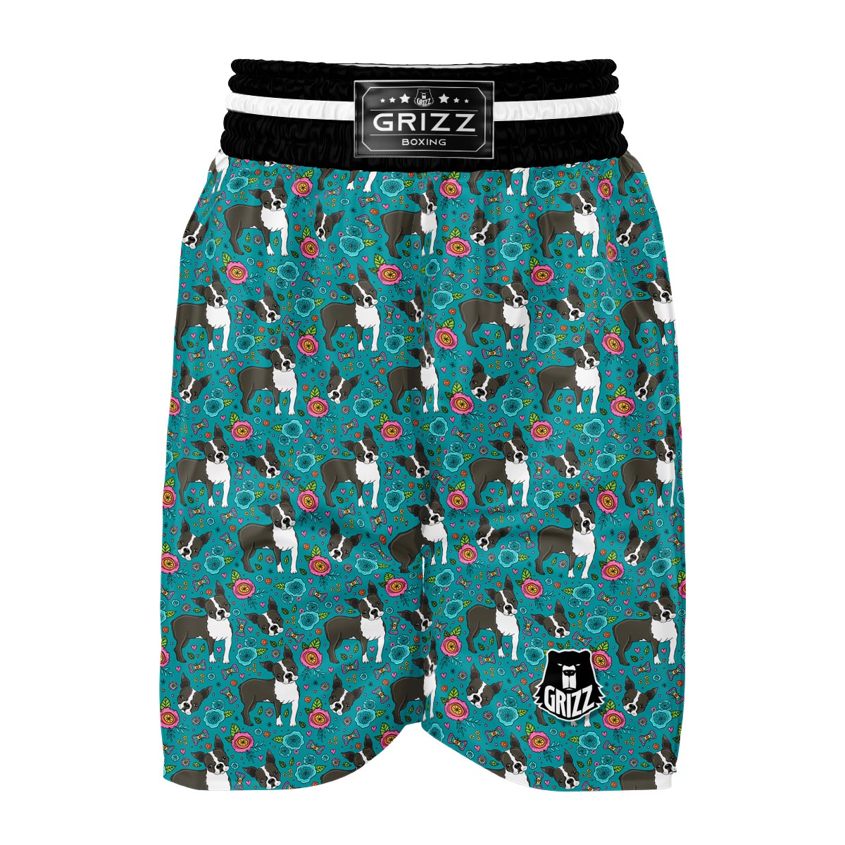 Flower Boston Terrier Pattern Print Boxing Shorts-grizzshop