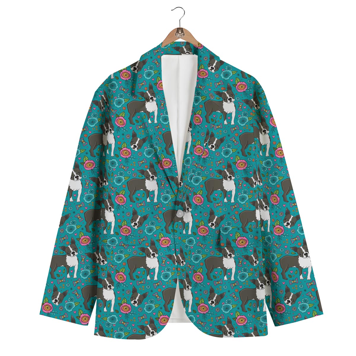Flower Boston Terrier Pattern Print Men's Blazer-grizzshop