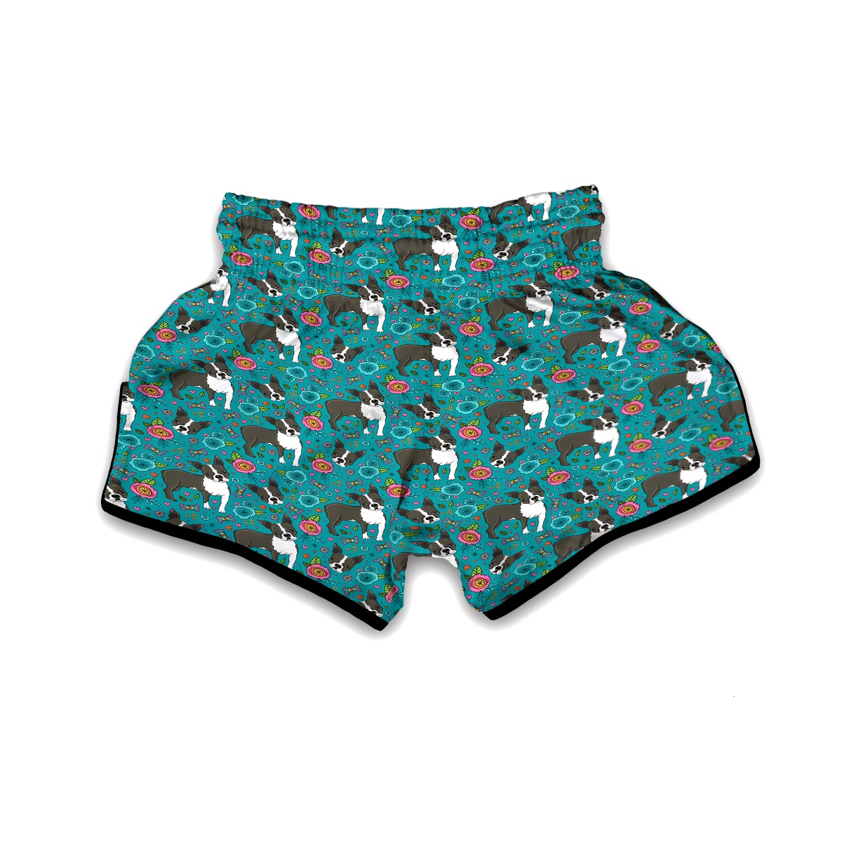 Flower Boston Terrier Pattern Print Muay Thai Boxing Shorts-grizzshop