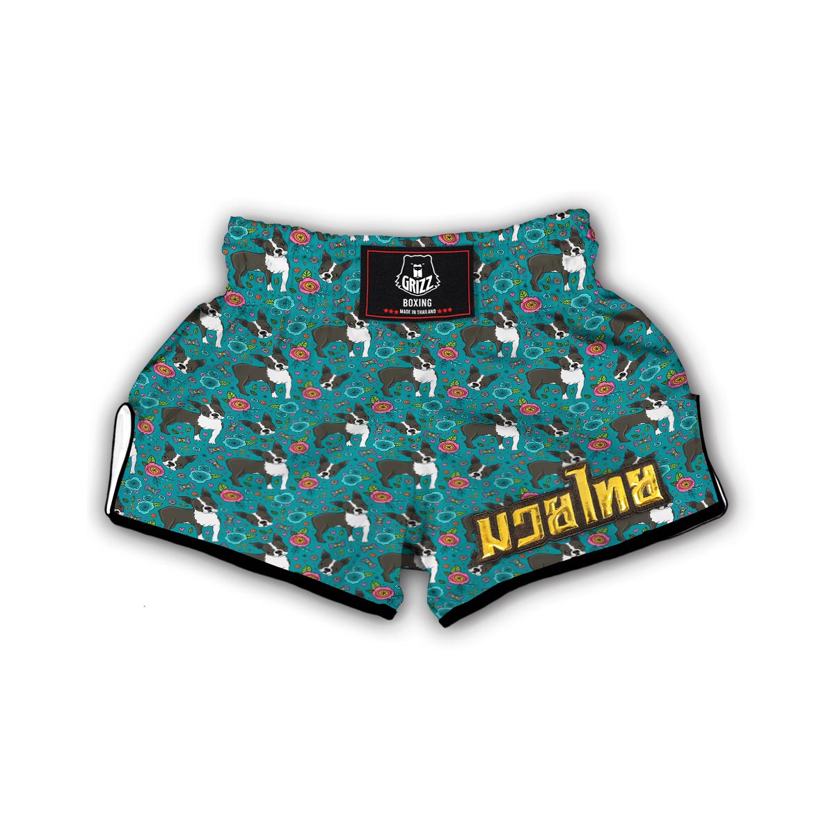 Flower Boston Terrier Pattern Print Muay Thai Boxing Shorts-grizzshop
