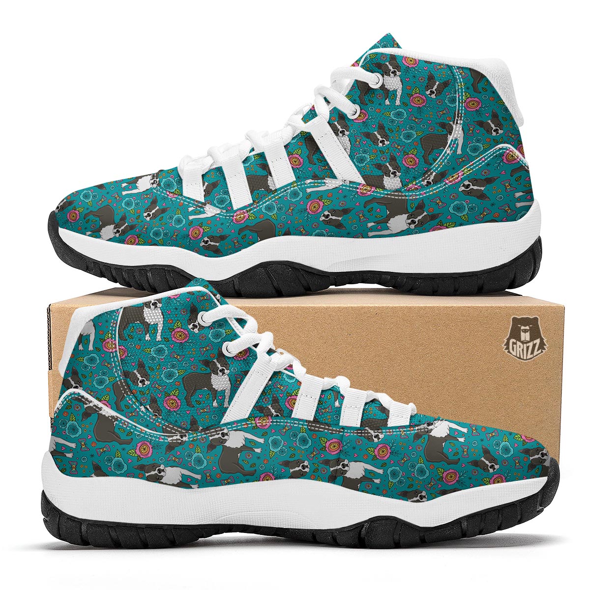 Flower Boston Terrier Pattern Print White Bball Shoes-grizzshop
