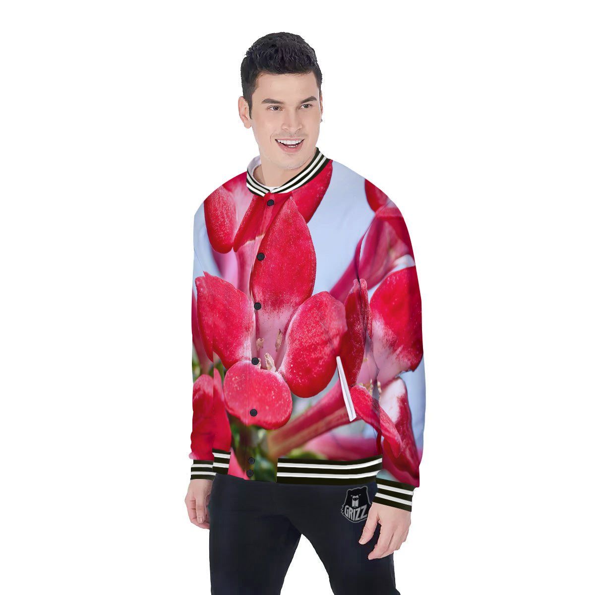 Flower Bouvardia Print Baseball Jacket-grizzshop