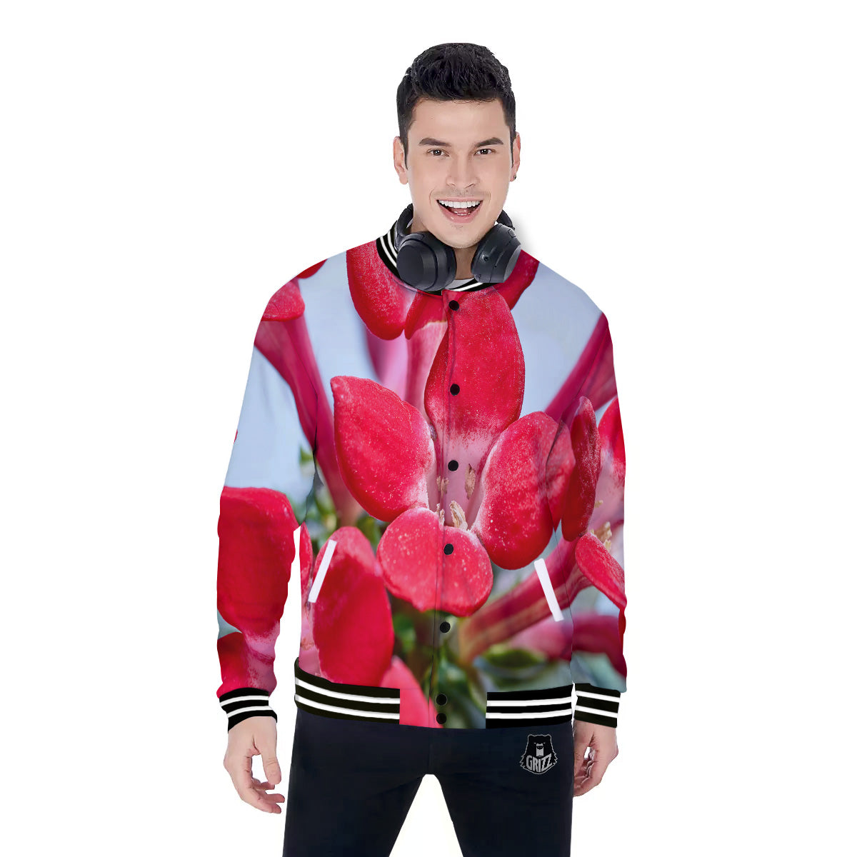 Flower Bouvardia Print Baseball Jacket-grizzshop