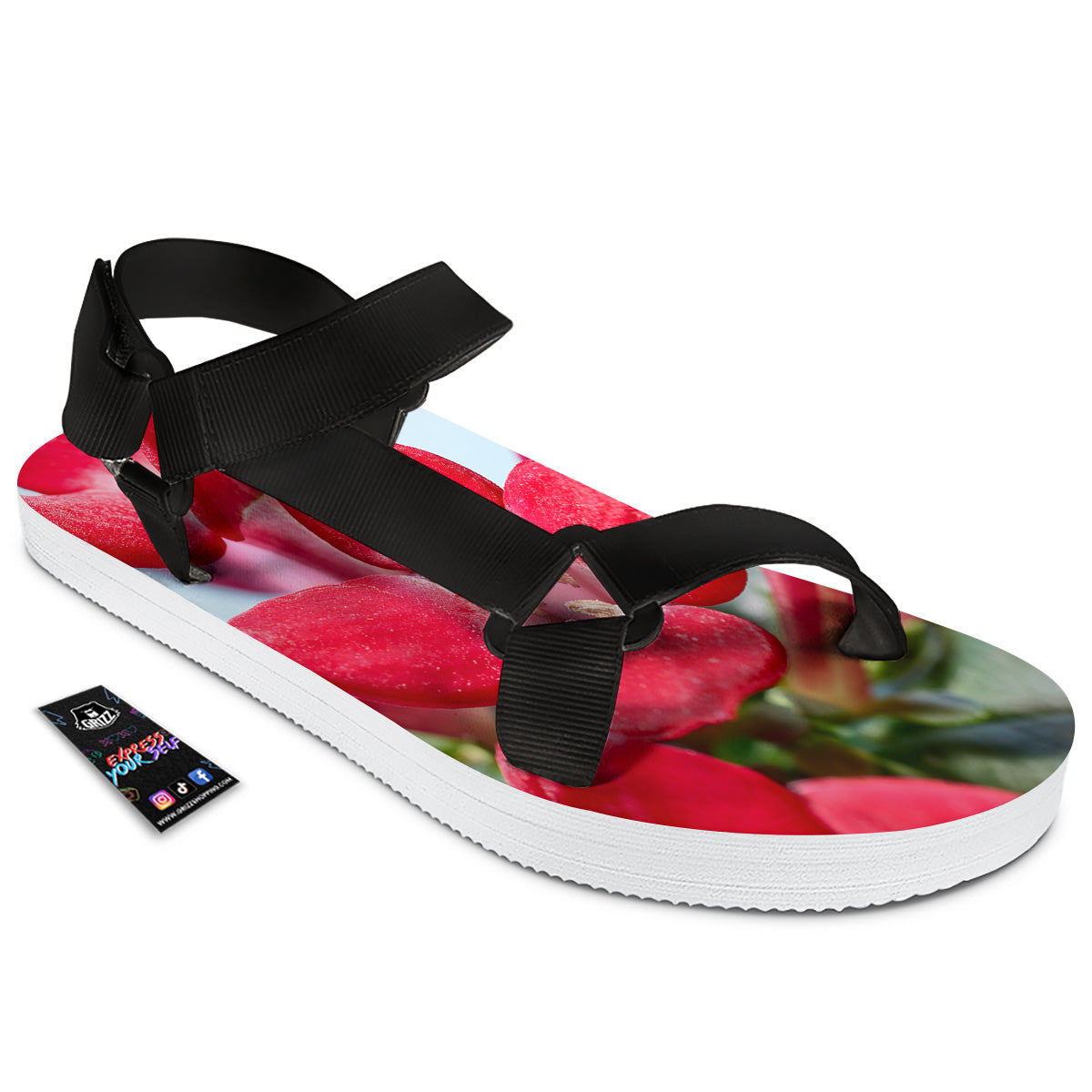 Flower Bouvardia Print Black Open Toe Sandals-grizzshop