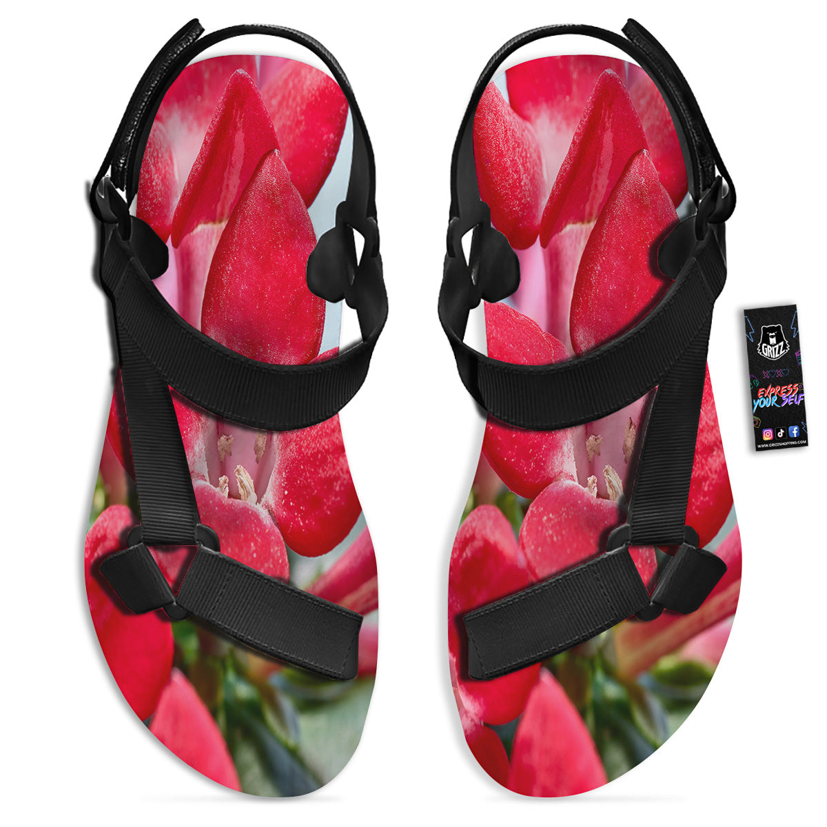 Flower Bouvardia Print Black Open Toe Sandals-grizzshop