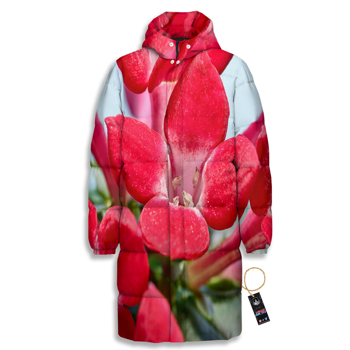 Flower Bouvardia Print Long Down Jacket-grizzshop