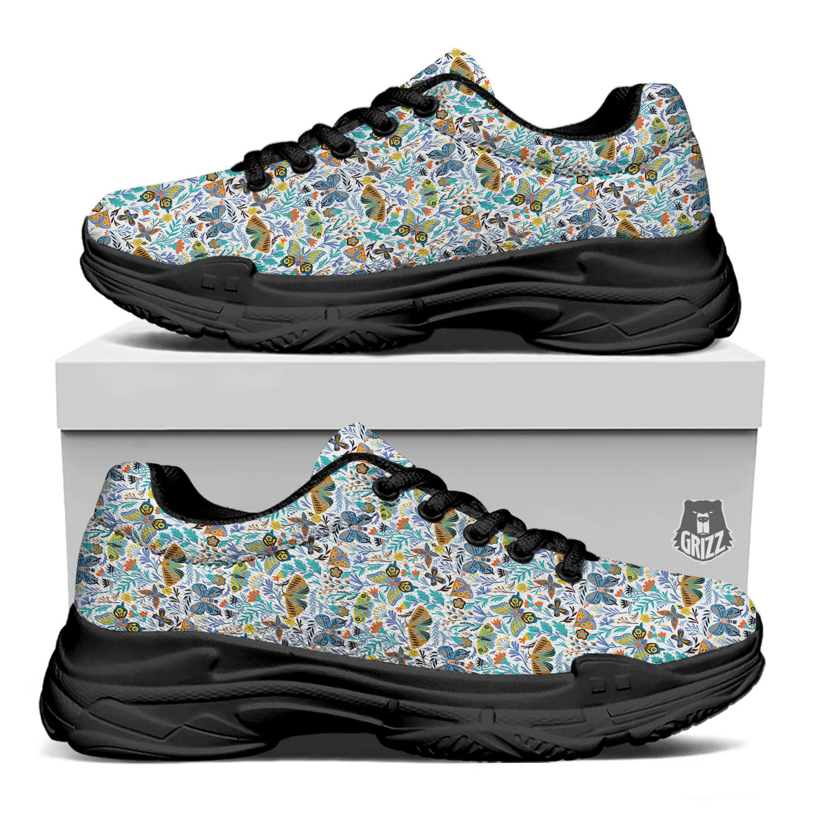 Flower Butterfly And Print Pattern Black Chunky Shoes-grizzshop