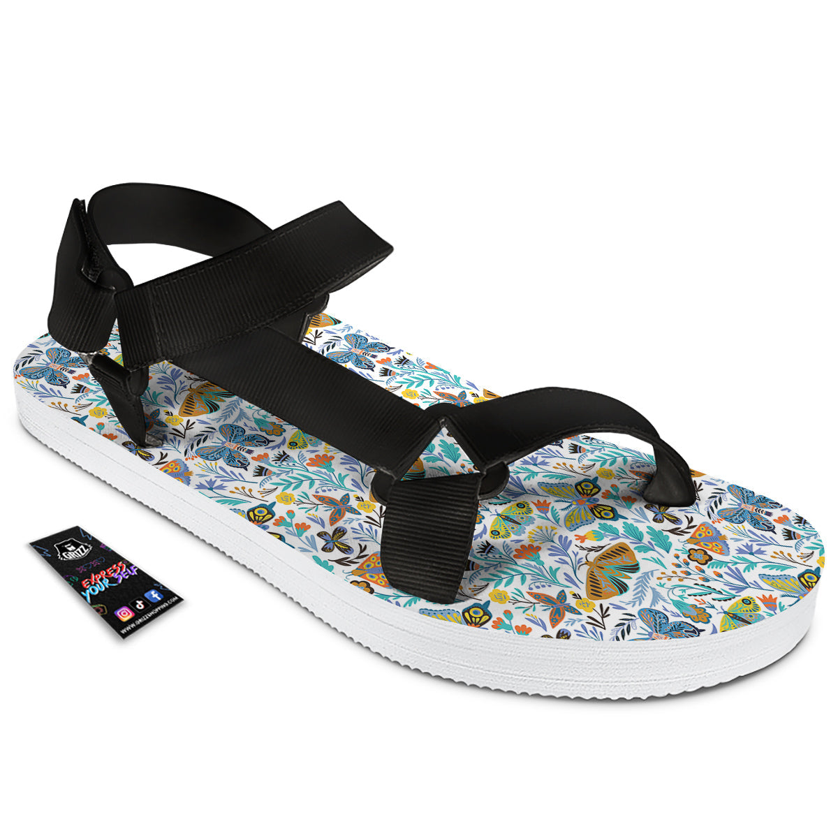 Flower Butterfly And Print Pattern Black Open Toe Sandals-grizzshop
