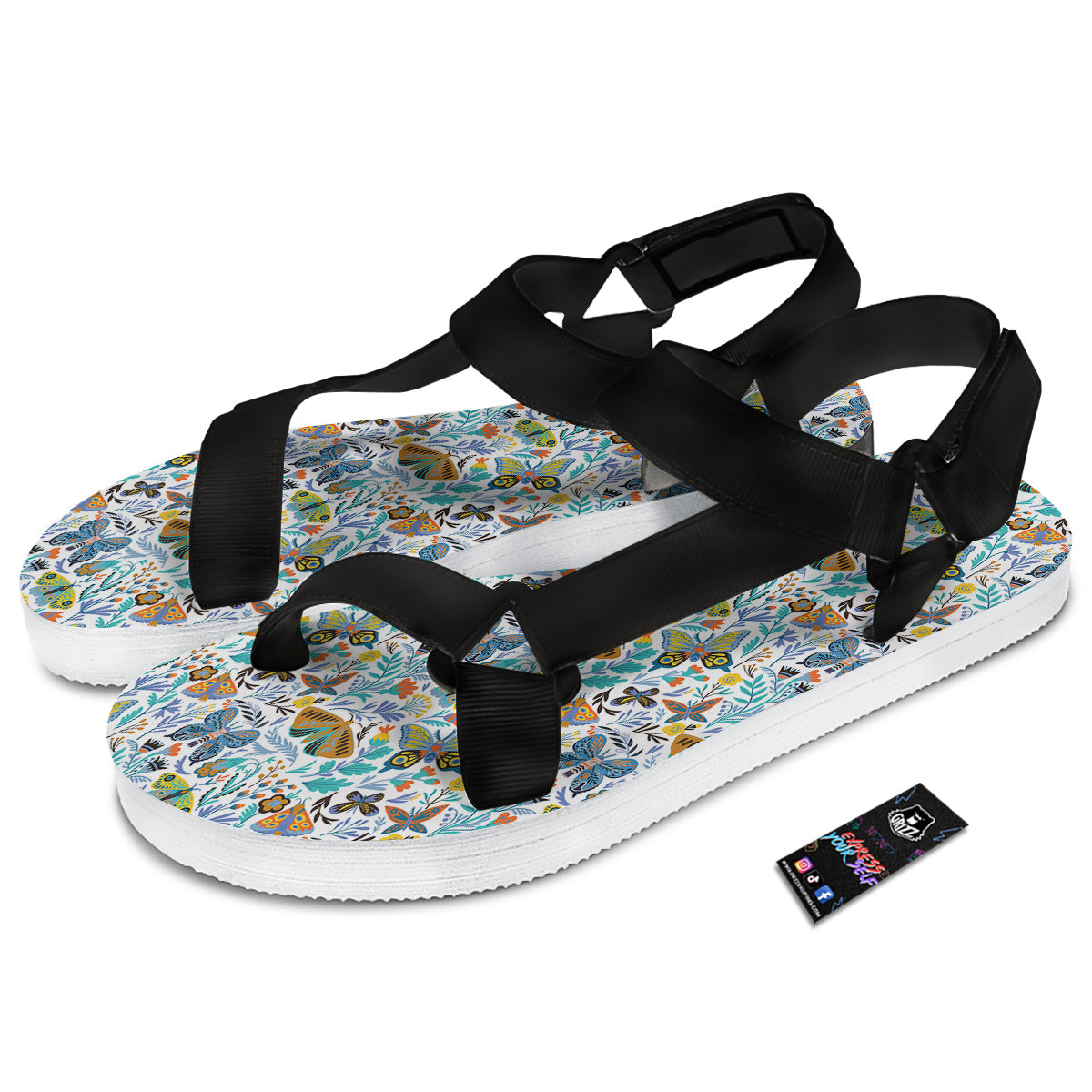 Flower Butterfly And Print Pattern Black Open Toe Sandals-grizzshop