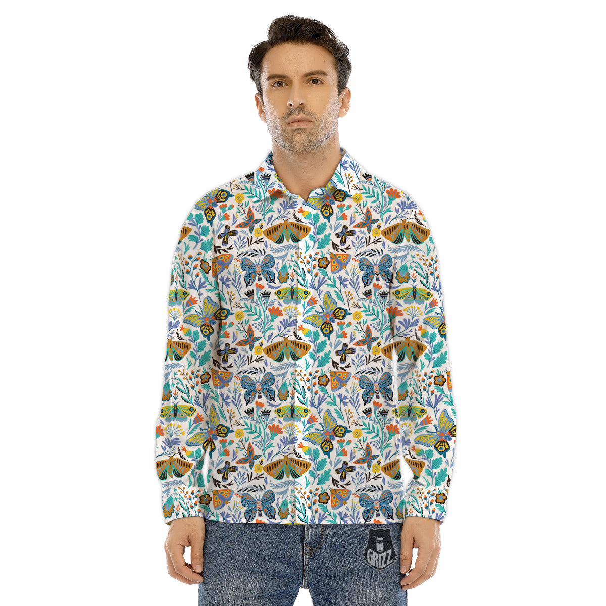 Flower Butterfly And Print Pattern Men's Dress Shirts-grizzshop