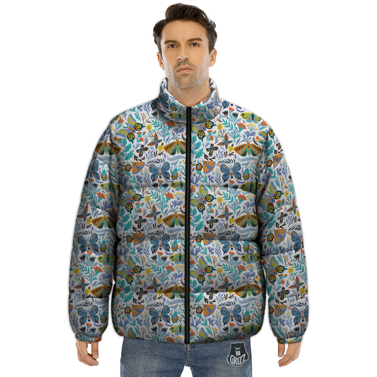 Flower Butterfly And Print Pattern Puffer Jacket-grizzshop