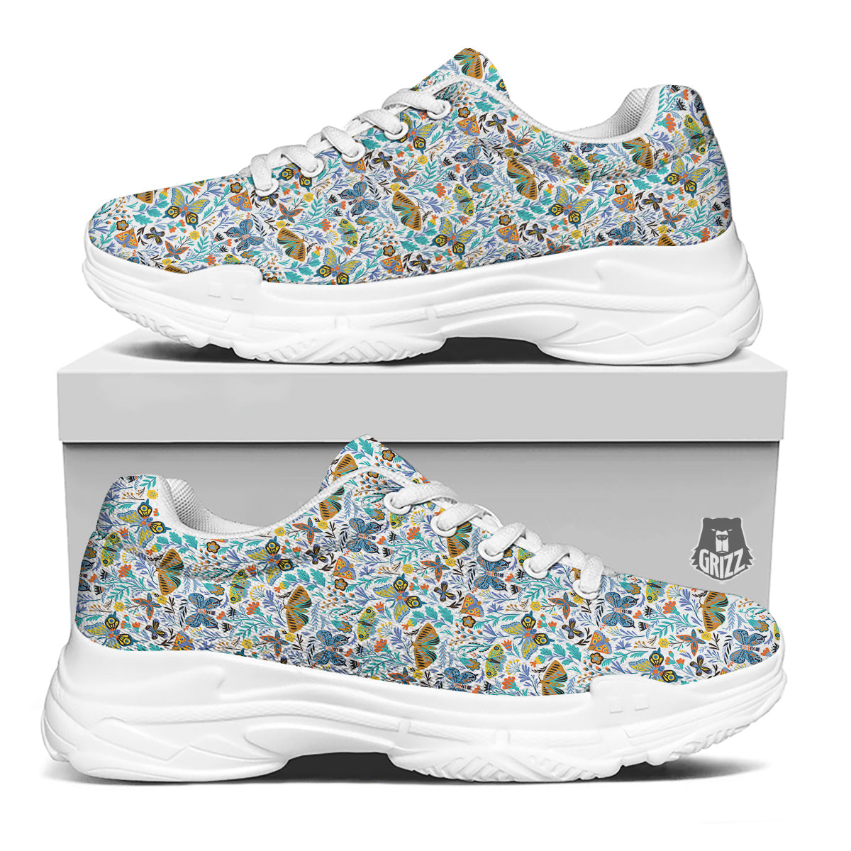 Flower Butterfly And Print Pattern White Chunky Shoes-grizzshop
