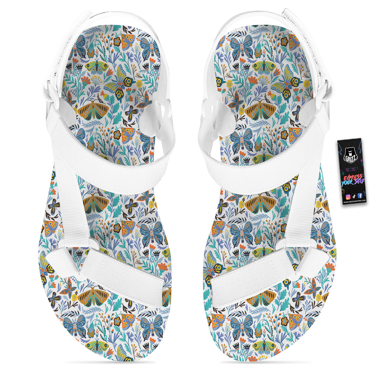 Flower Butterfly And Print Pattern White Open Toe Sandals-grizzshop