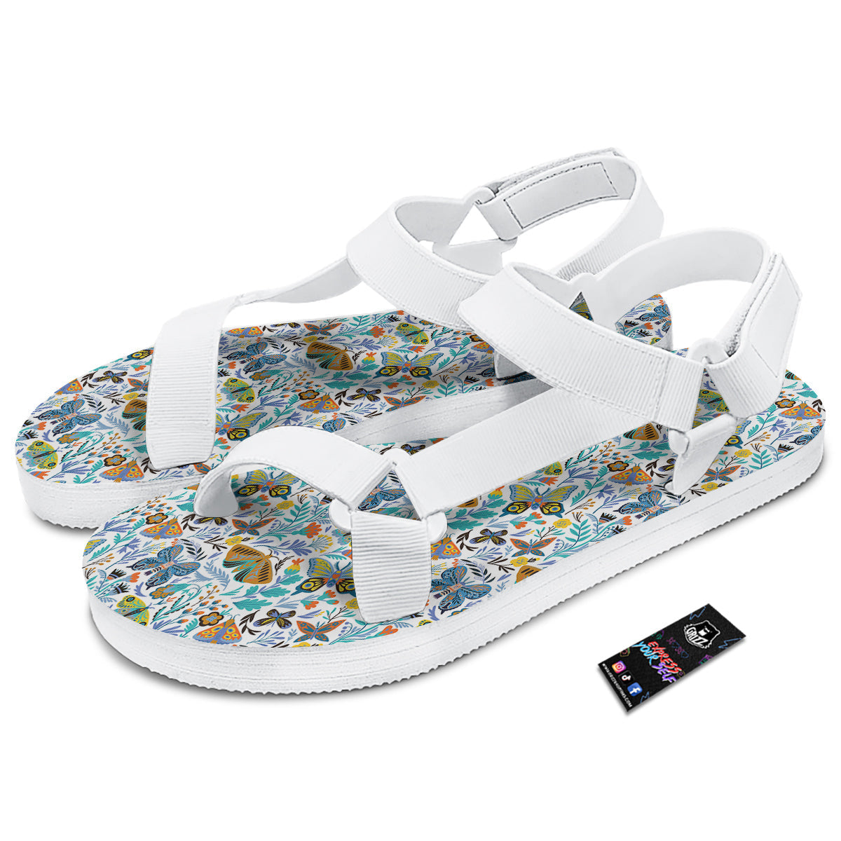 Flower Butterfly And Print Pattern White Open Toe Sandals-grizzshop