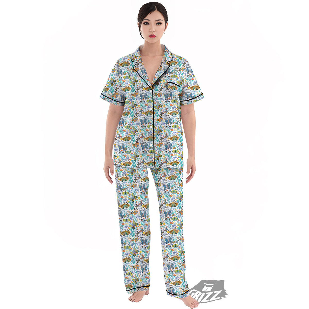 Flower Butterfly And Print Pattern Women's Pajamas Set-grizzshop