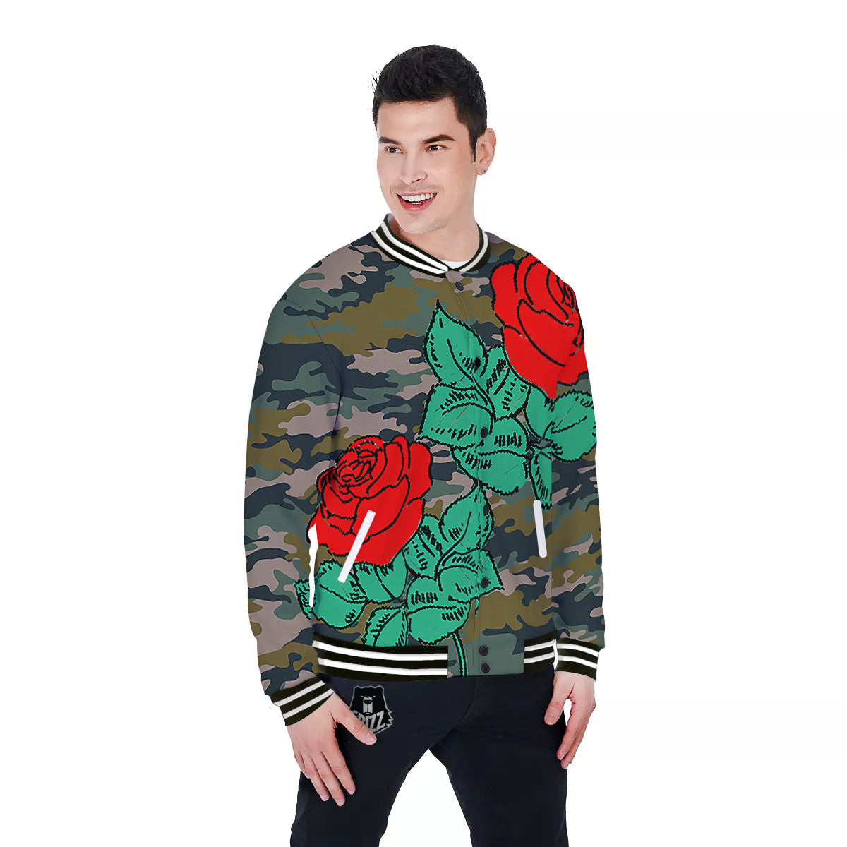 Flower Camouflage Red Rose Print Baseball Jacket-grizzshop