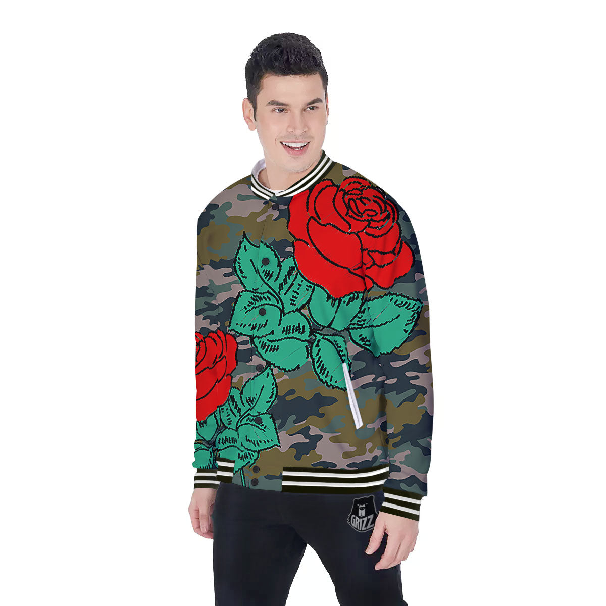Flower Camouflage Red Rose Print Baseball Jacket-grizzshop