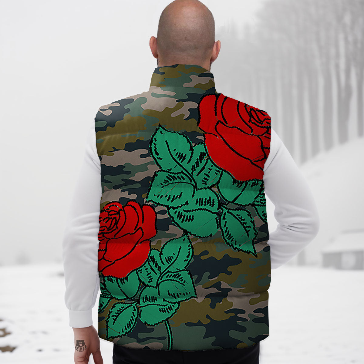 Flower Camouflage Red Rose Print Down Vest-grizzshop