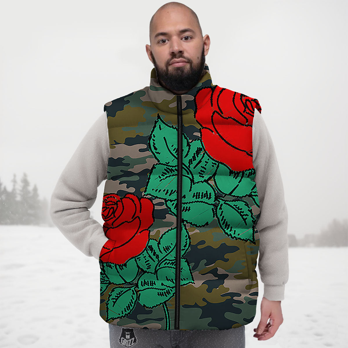 Flower Camouflage Red Rose Print Down Vest-grizzshop