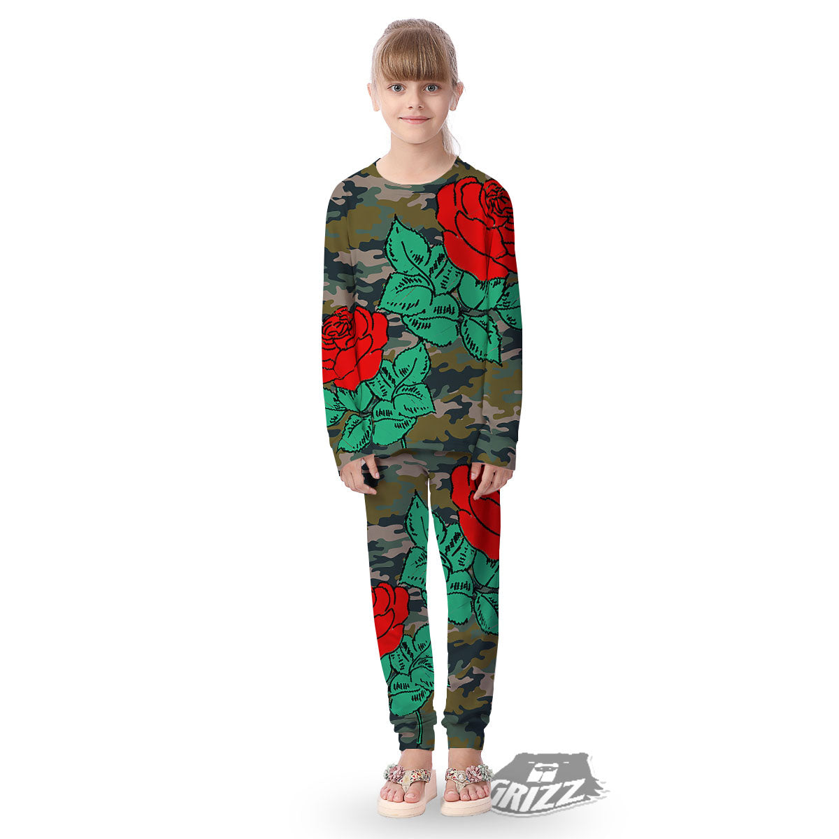 Flower Camouflage Red Rose Print Kid's Pajamas-grizzshop