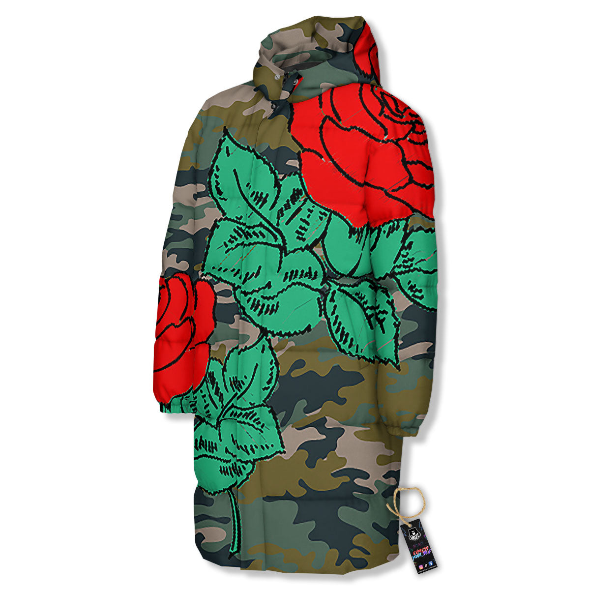 Flower Camouflage Red Rose Print Long Down Jacket-grizzshop