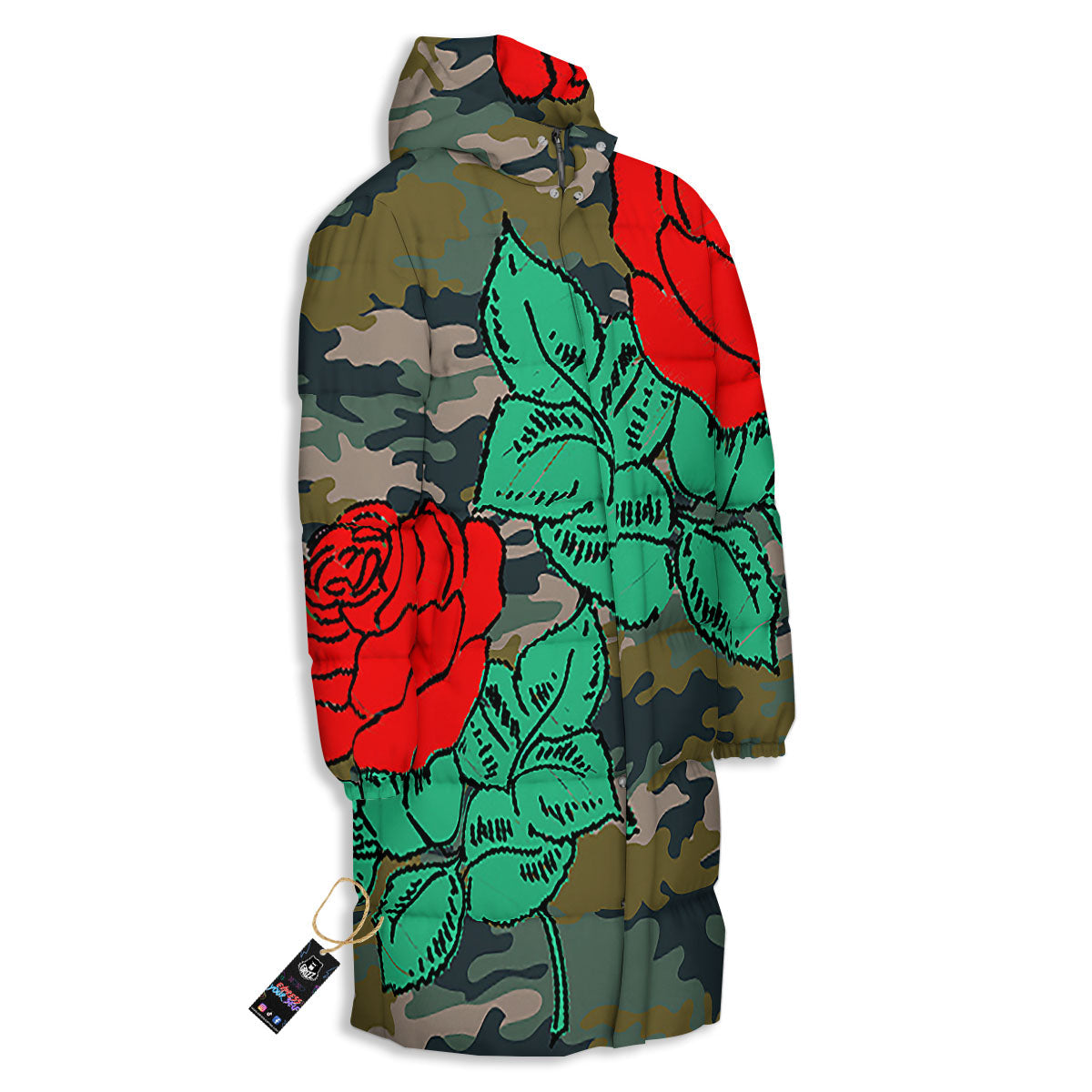 Flower Camouflage Red Rose Print Long Down Jacket-grizzshop