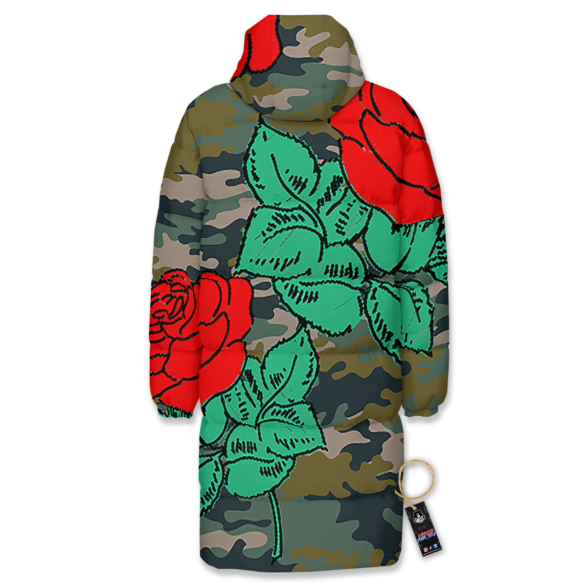 Flower Camouflage Red Rose Print Long Down Jacket-grizzshop