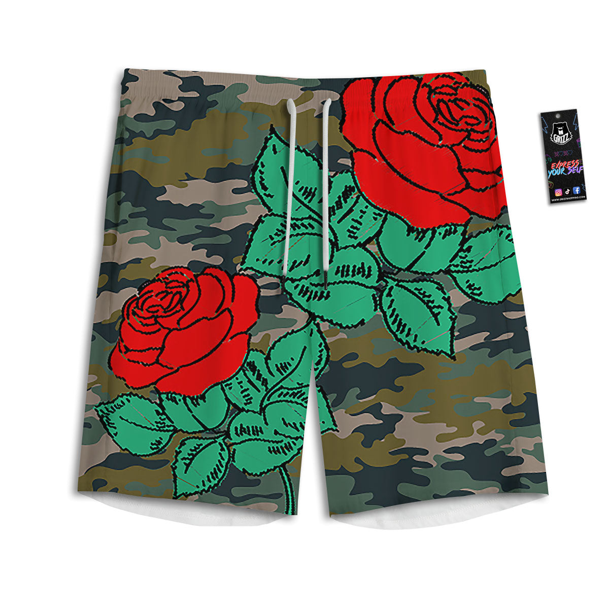 Flower Camouflage Red Rose Print Men's Athletic Shorts