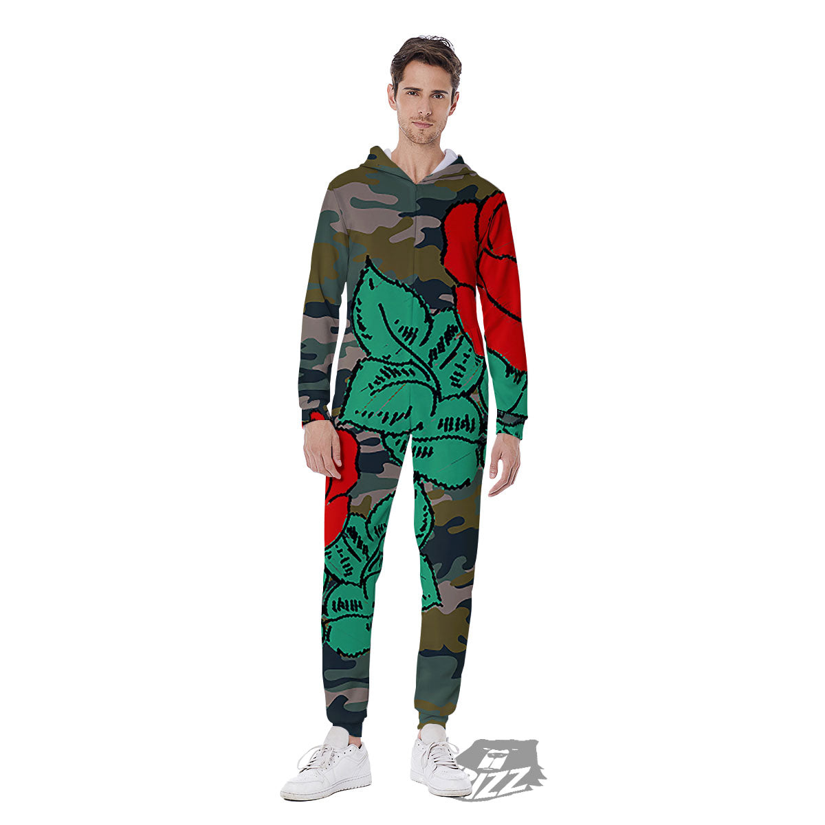 Flower Camouflage Red Rose Print Men's Jumpsuit-grizzshop
