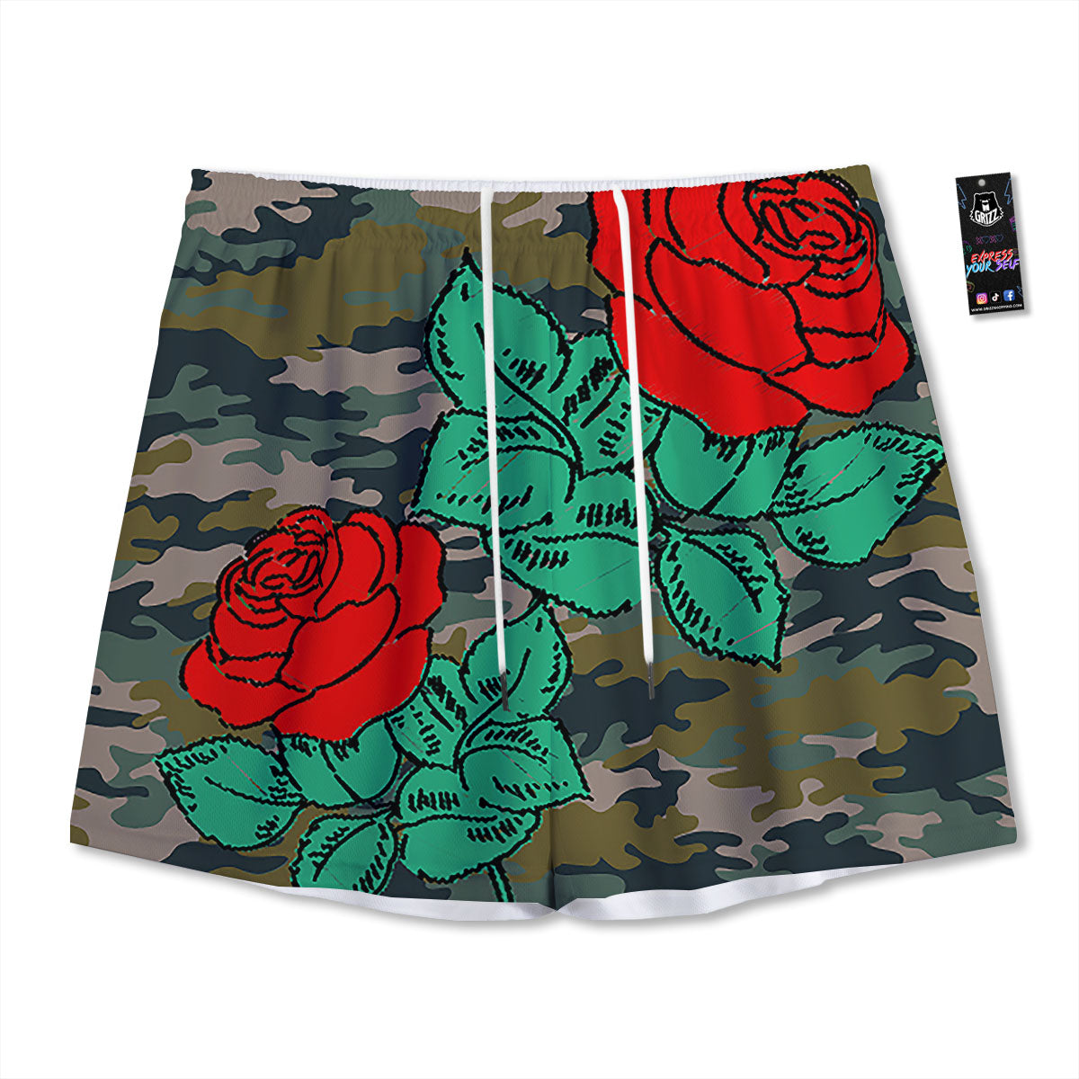 Flower Camouflage Red Rose Print Mesh Shorts