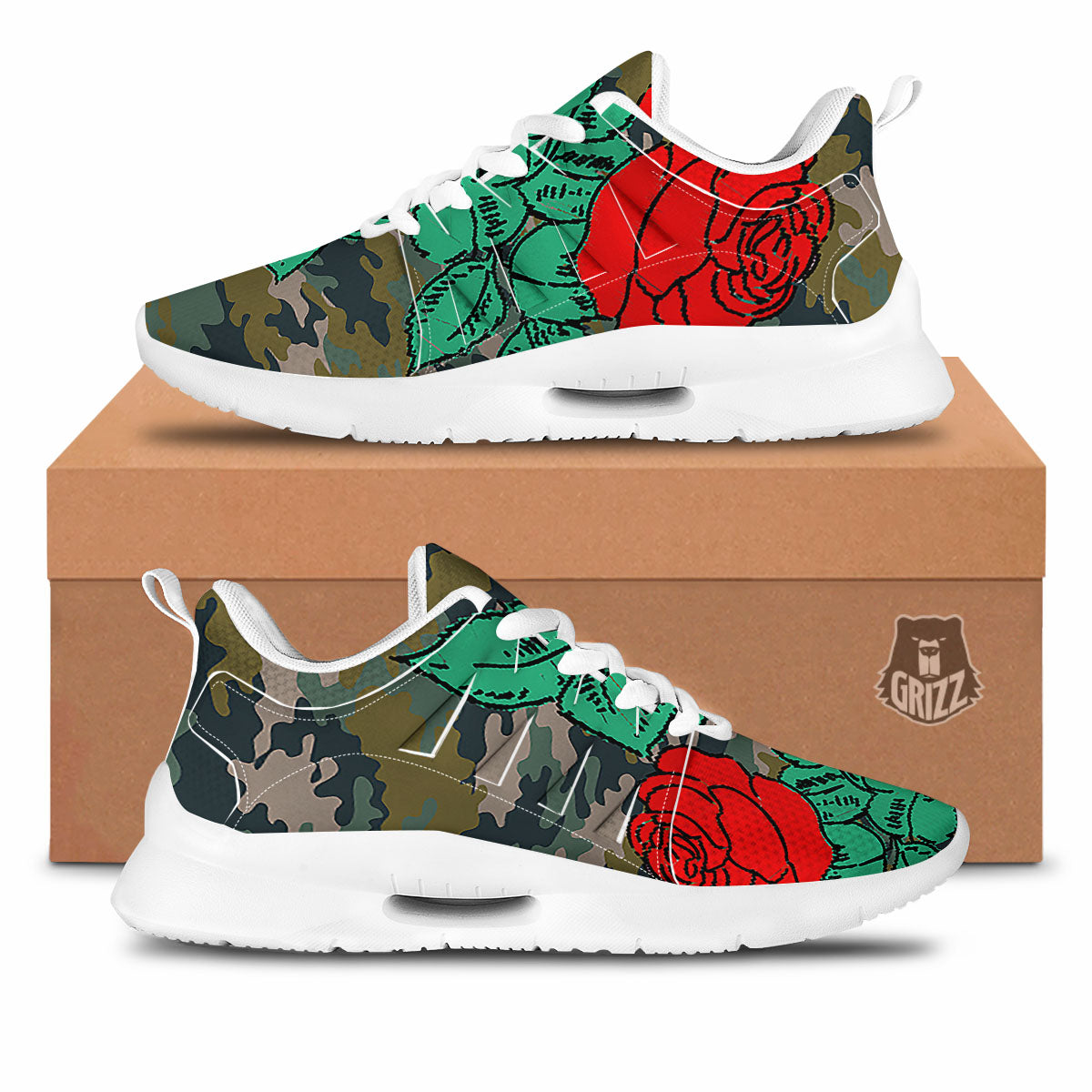 Flower Camouflage Red Rose Print Tennis Shoes-grizzshop