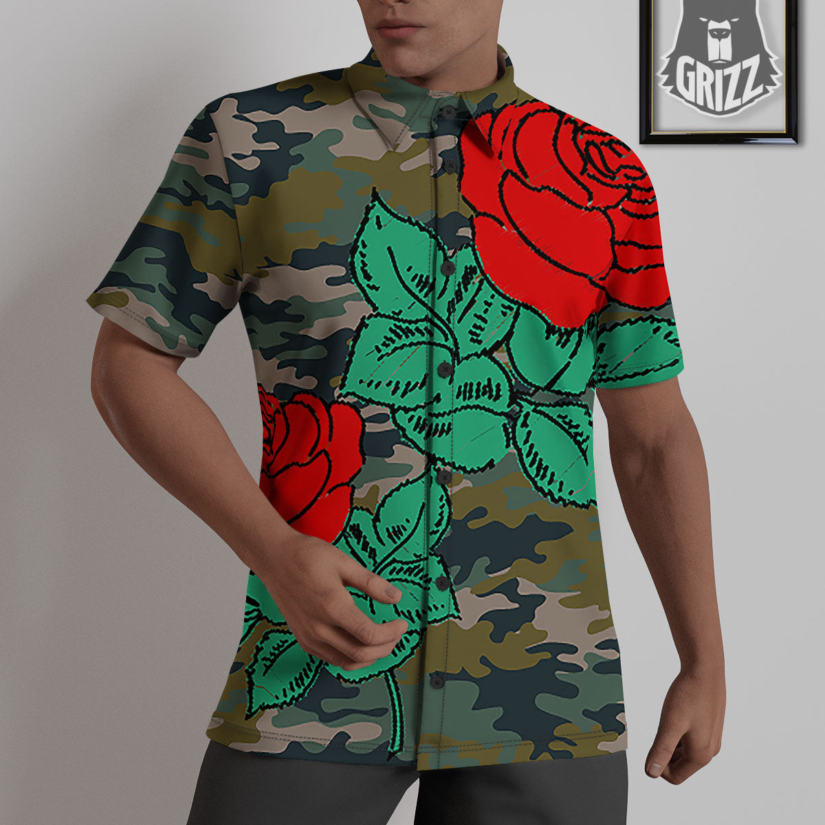 Flower Camouflage Red Rose Print Untucked Shirts-grizzshop